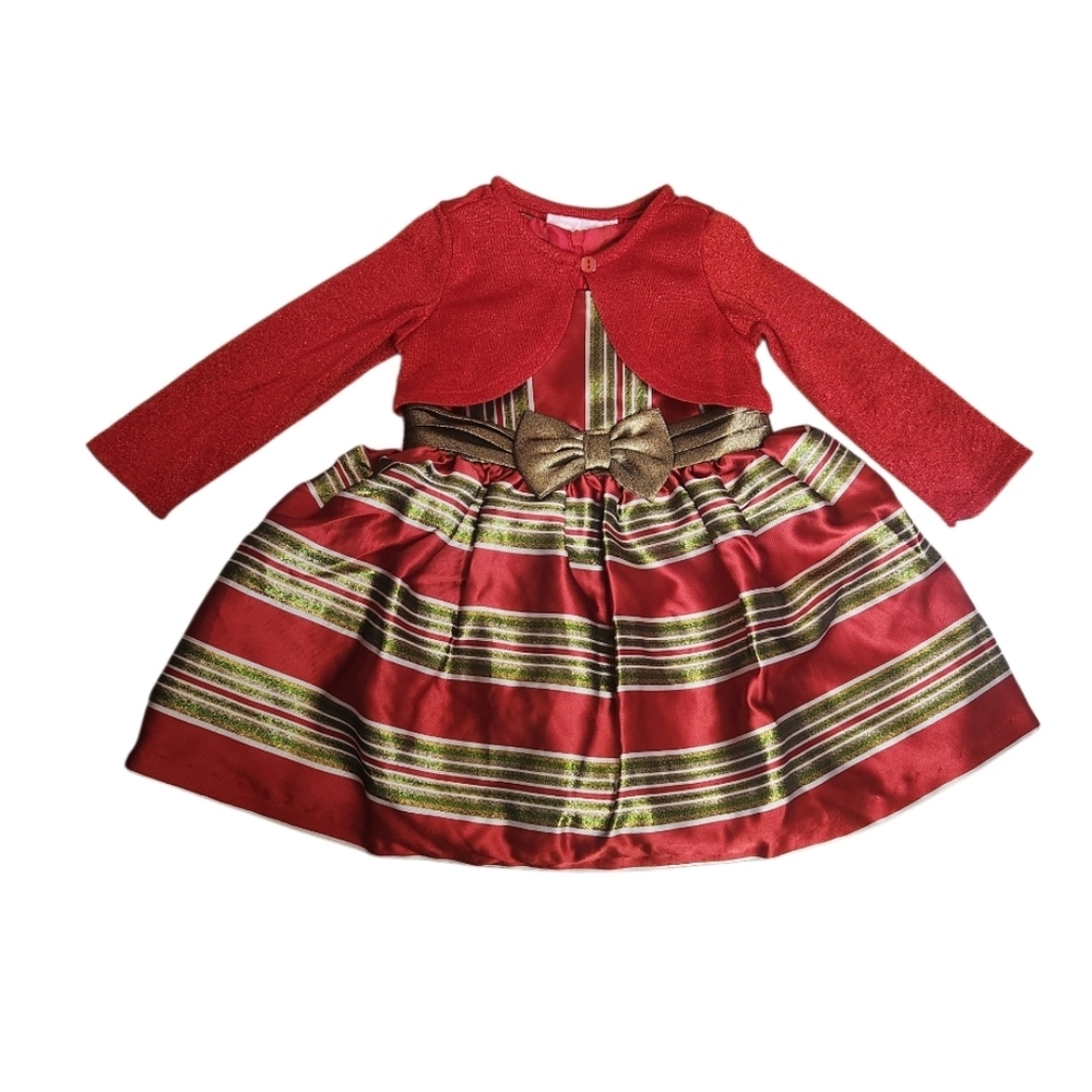 Festive Red and Gold Striped Dress with Bow Sz 18months Nwt